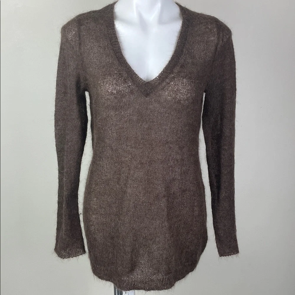 Super Fuzzy Sheer Mohair V-Neck Sweater Brown Distressed